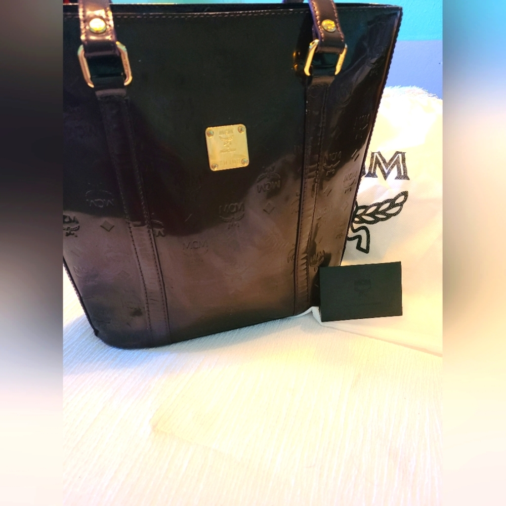 MCM Black Patent Leather Tote with Gold Hardware Authentic